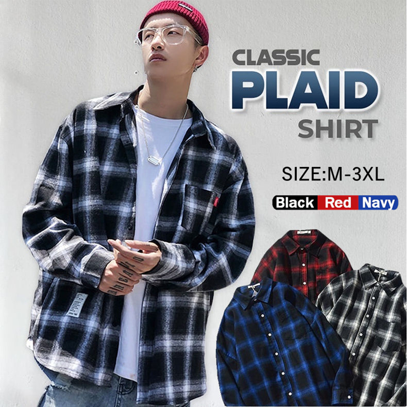 Men Shirt Checker Shirt Trendy Korean Style Top Baju Lelaki Kemeja Lelaki Black Blue Red Shirt MT 016