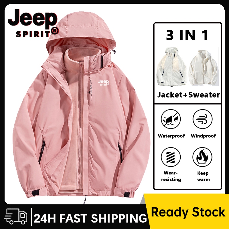 JEEP SPIRIT Winter Windproof Waterproof Men Women Jacket 1+1 Set Jacket zip pockets3 in 1 Multifunctional Outdoor Sports Hiking Jacket