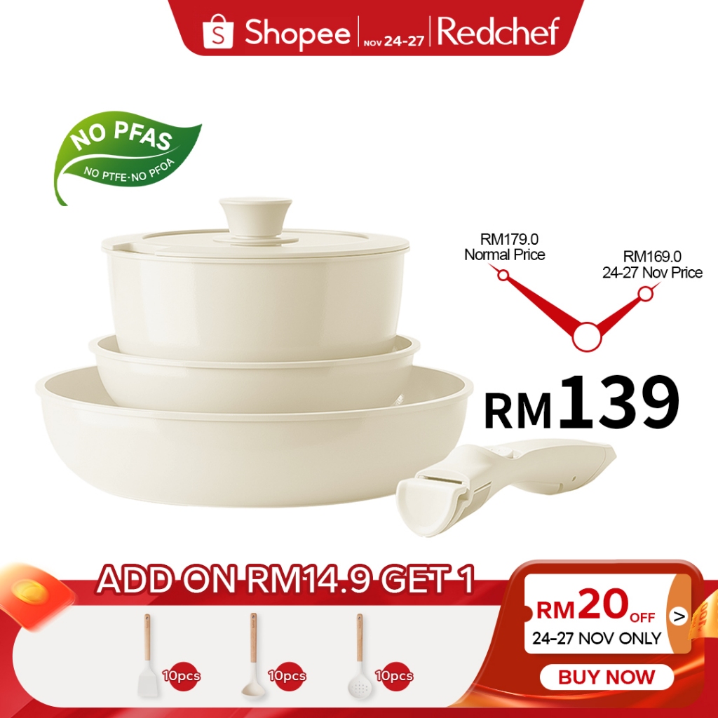 Redchef Nonstick Ceramic Rock Cookware Set Handle Removable (5Pcs) Non Toxic, PFAS& PTFE& PFOA Free - Frying Pan(26+20cm)+Saucepan(20cm) Suitable for All Stoves(Gas, Electric & Induction)