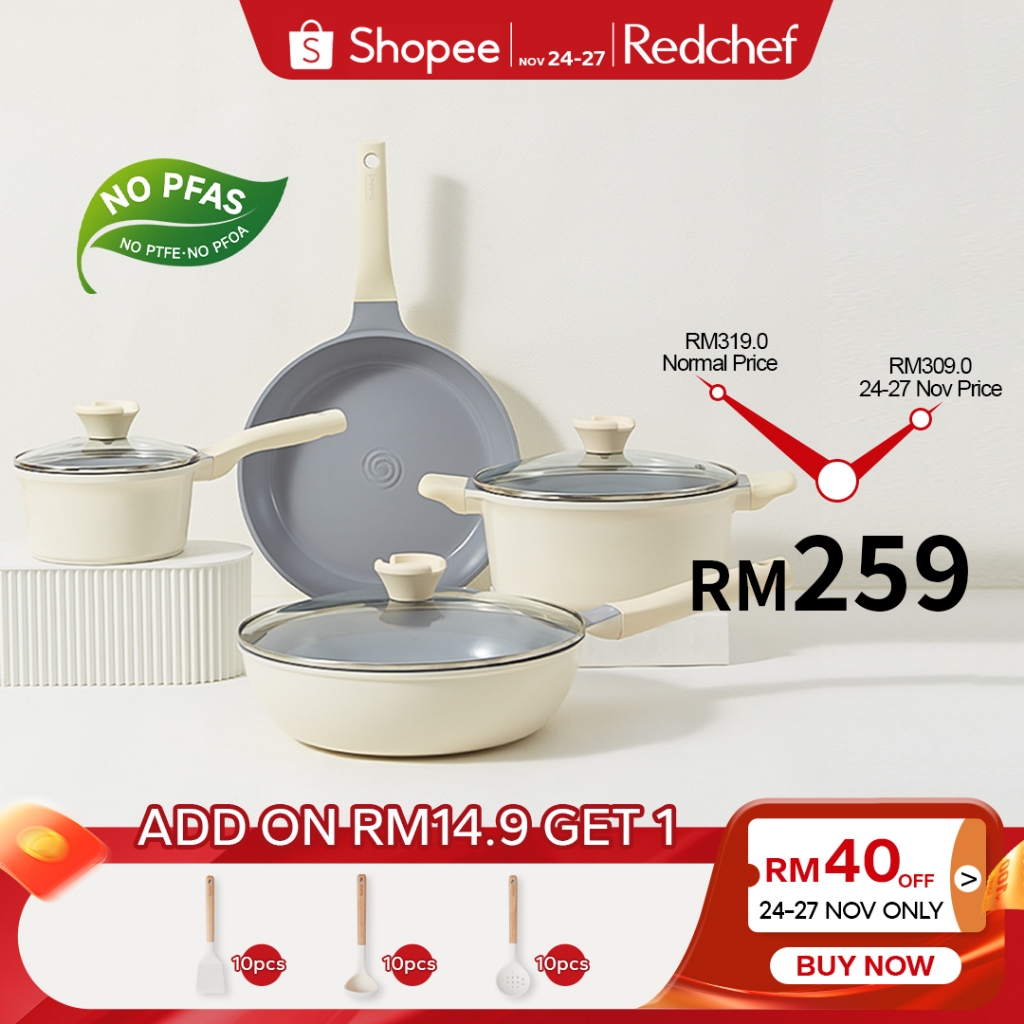 Redchef Nonstick Ceramic Rock Cookware Set (7Pcs) Non Toxic, PFAS& PTFE& PFOA Free (Wok 28cm+ Frying Pan 28cm+ Casserole 24cm+ Saucepan 16cm)