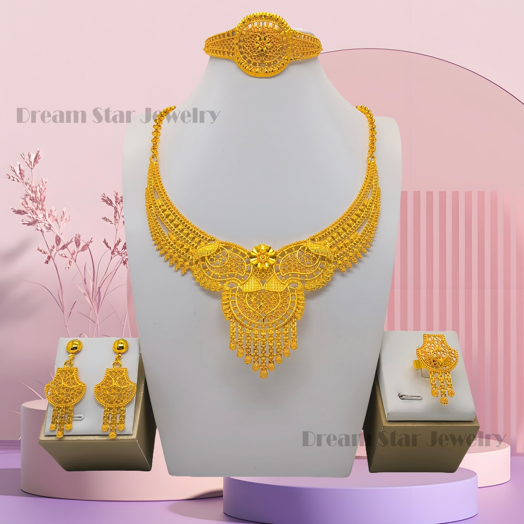 Ladies Necklace Jewelry Set Four-Piece Necklace and Bracelet Ring Earrings Gold-Plated 24K Indonesian Jewelry Suitable for Attendance Various Events Wearing and Valentine's Day, Birthday, Anniversary Gifts