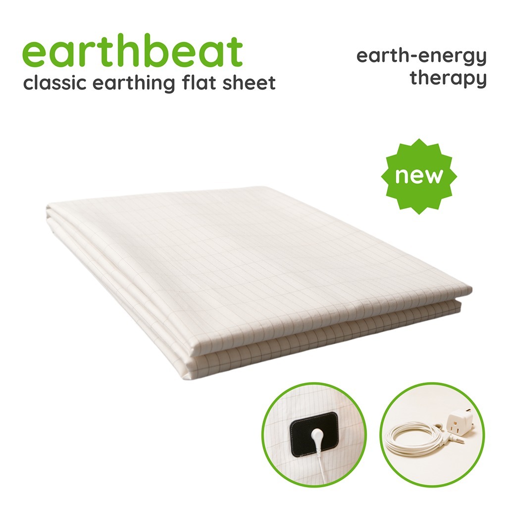 earthbeat Classic Earthing Flat Sheet. 90×230cm with MY Adapter. Grounding Silver Fiber with Smooth Combed Cotton. Natural Therapy for Sleep Quality, Wellness and Anti-Inflammation. Undyed and Suitable for Chemical Sensitivity. For Queen or King Bed.