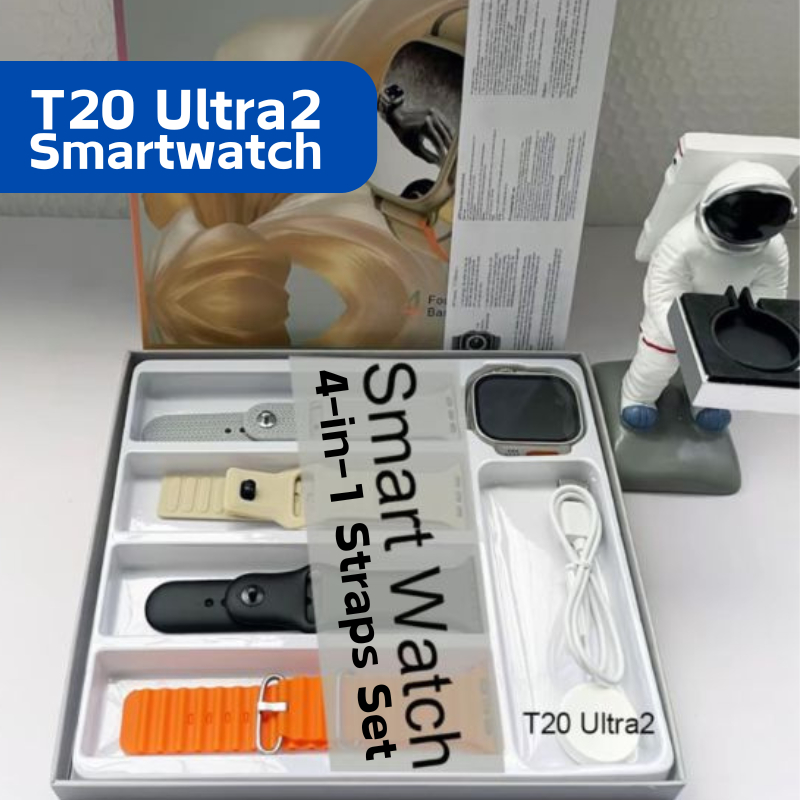 T20 Ultra 2 Smartwatch 4in1 Strap Set - Unisex Fitness Bracelet with Bluetooth Call, Heart Rate Monitor, and Wireless Charging Smart Watch