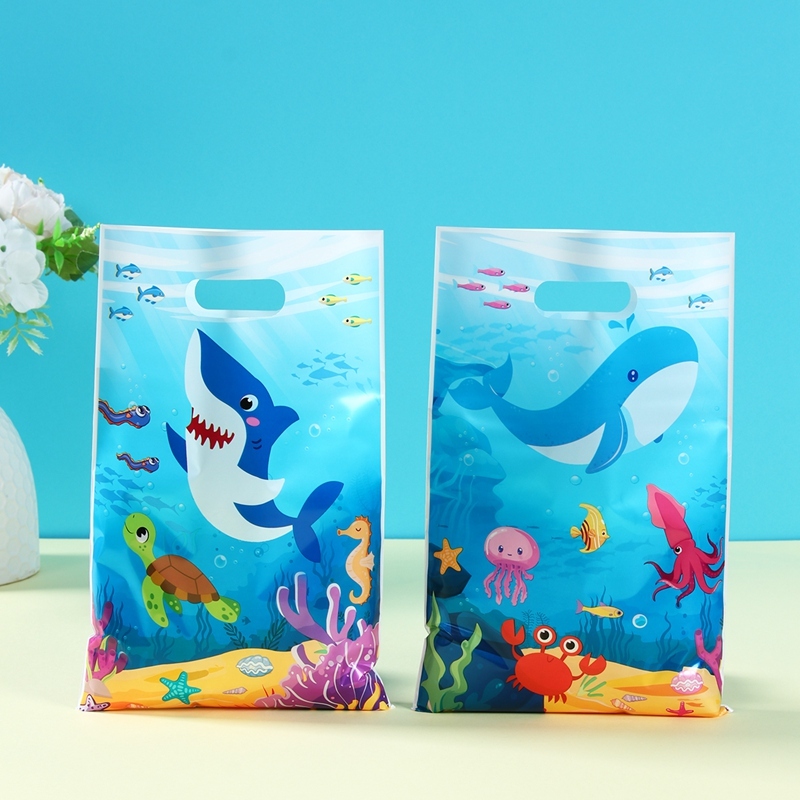 10/25/50Pcs Whale Shark Print Mixed Loot Bags Ocean Animal Themed Plastic Loot Bags For Birthday Kids Boys Underwater Adventure Party Bag Candy For Birthday Party Give Aways