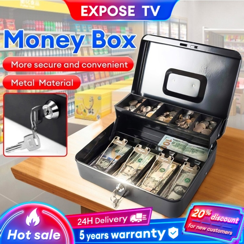 Money Box Cashier Box Portable Handheld Compartment Tray Cash Lockable Security Cashier Drawer Storage Safety Deposit Box Steel