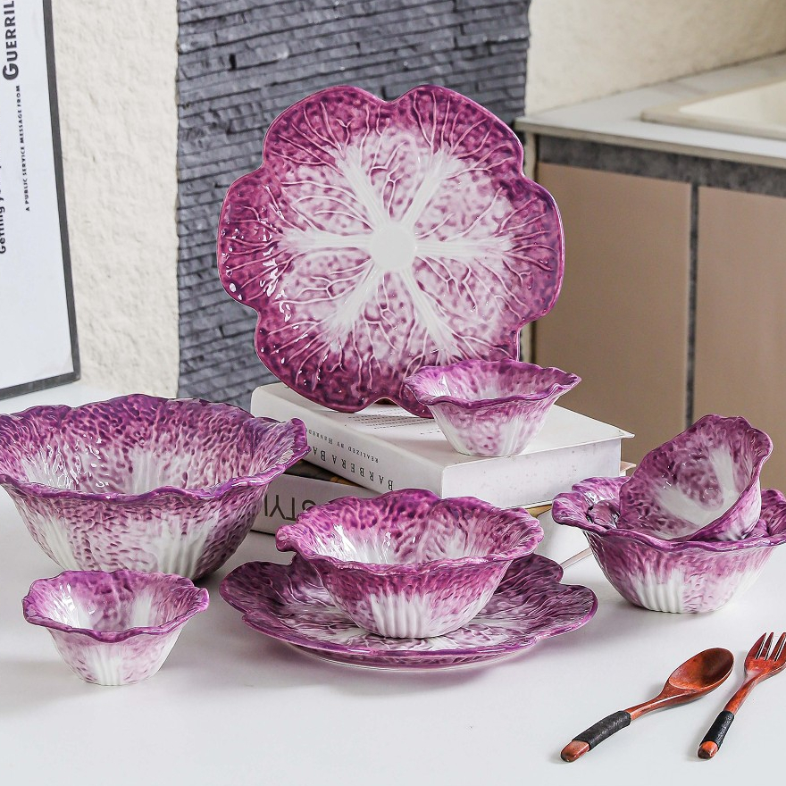 HongDian simulation purple cabbage ceramic tableware dinner plate,dinner bowl,moving dishwasher,underglaze color.Piring keramik rumah dengan sayur-sayuran tiruan yang cantik,berbentuk mangkuk kubis ungu,Seramik Hiasan Meja Makan Desain Unik.
