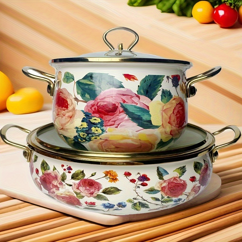 Floral Enamel Soup Pot With Lid & Handle, Vintage Enamel Hot Pot, Multi functional seafood pot, household Enamel Cookware, Durable Kitchen Cookware for Home Use