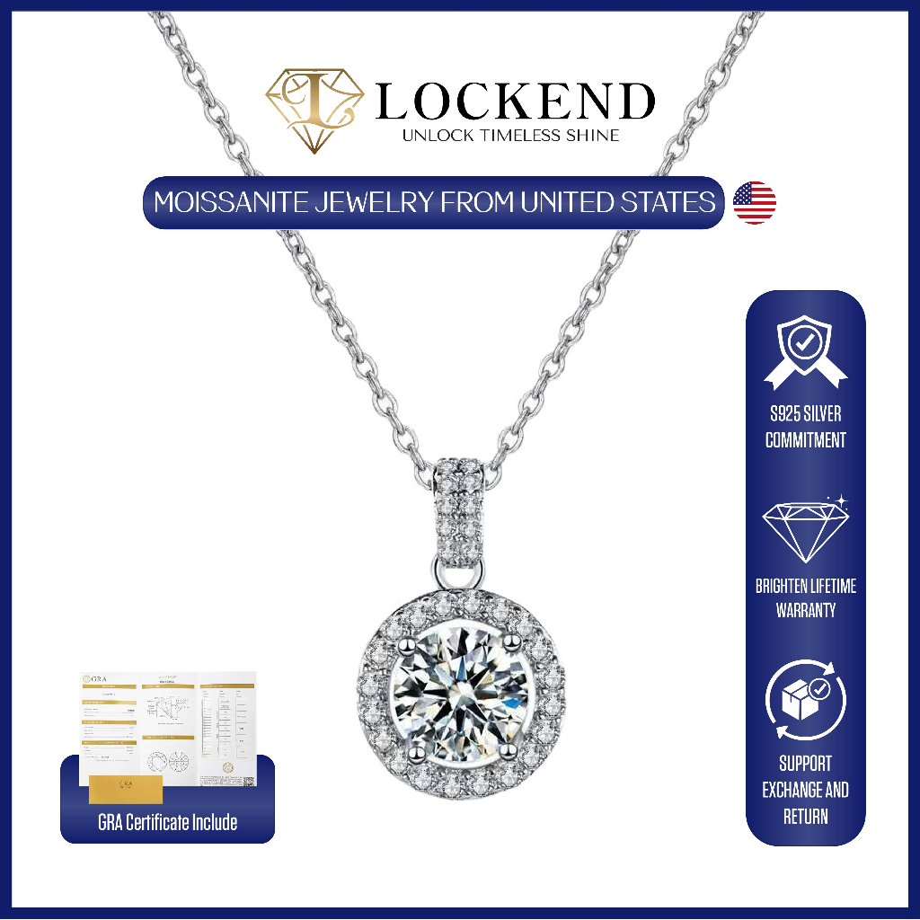 【Lockend】 Moissanite Diamond Necklace 1 Carat 2 Carats 925 Silver Platinum Plated Women's Round Gemstone Necklace 45cm with GRA Certification