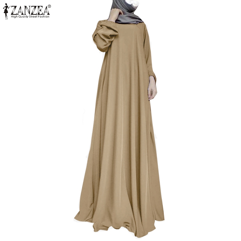 ZANZEA Women Muslim Daily Round Neck Long Sleeves Puff Sleeves Long Solid Color Dress