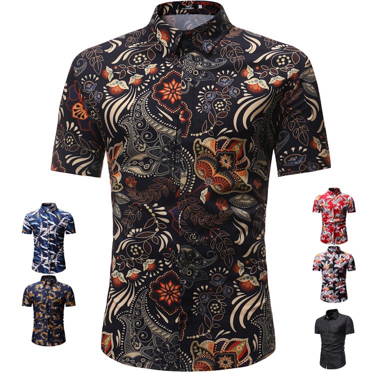 READY STOCK!!! Mens New Printed Baju Lelaki Fashion Casual Short Sleeve Floral Shirts