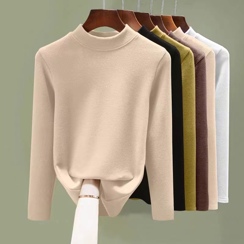 heattech woman thermal wear Mid-Neck Double-Sided German Velvet Bottoming Shirt Korean Version Inner Warm t-Shirt Top German Fleece Mid-Neck Top Thickened  Inner Warmth