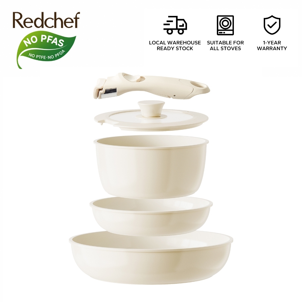 Redchef Nonstick Ceramic Rock Cookware Set Handle Removable (5Pcs) Non Toxic, PFAS& PTFE& PFOA Free - Frying Pan(26+20cm)+Saucepan(20cm) Suitable for All Stoves(Gas, Electric & Induction)