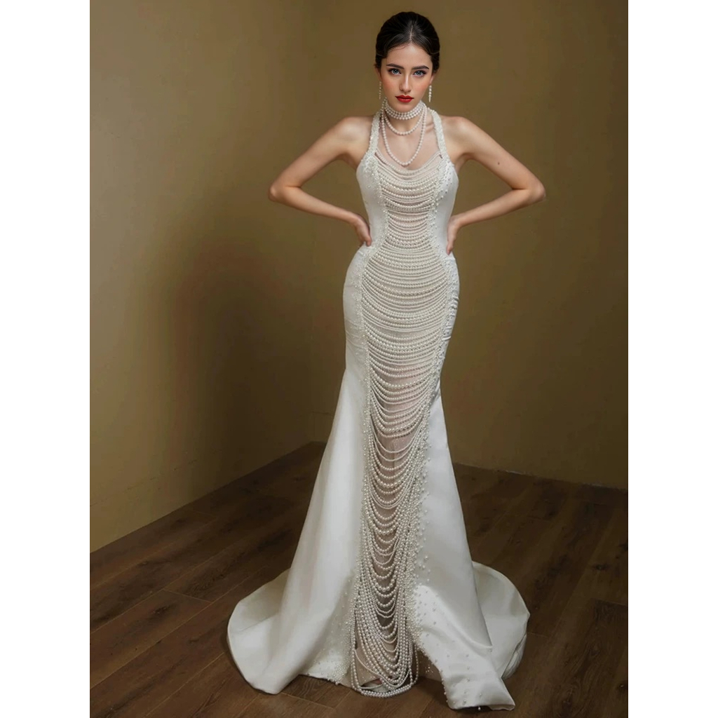 Pearl White Halter Evening Gown – Luxury High-End Mermaid Dress, Elegant Banquet Outfit, Host Attire, Minimalist Bridal Wedding Dress