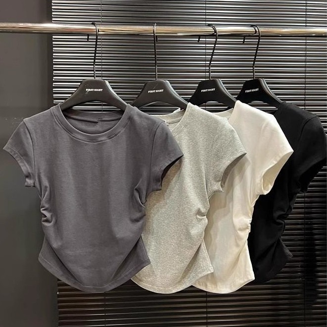 【WJZ】Women's Korean solid color waist-cinching design short-sleeved crop top【T73】