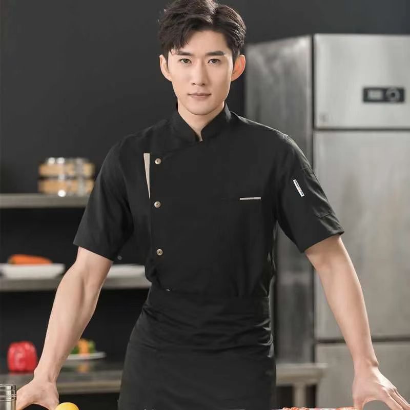 Ready Stock Chef Uniform Short Sleeve Men Customizable LOGO Name Black Chef Jacket School School Uniform Uniform Sets Chef Uniforms Women