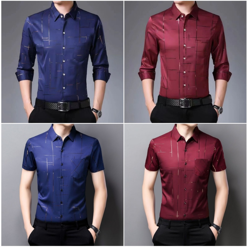 Men's Checked Long Sleeve Shirts Striped Short Sleeve Casual Shirt Work Business Printed Shirts