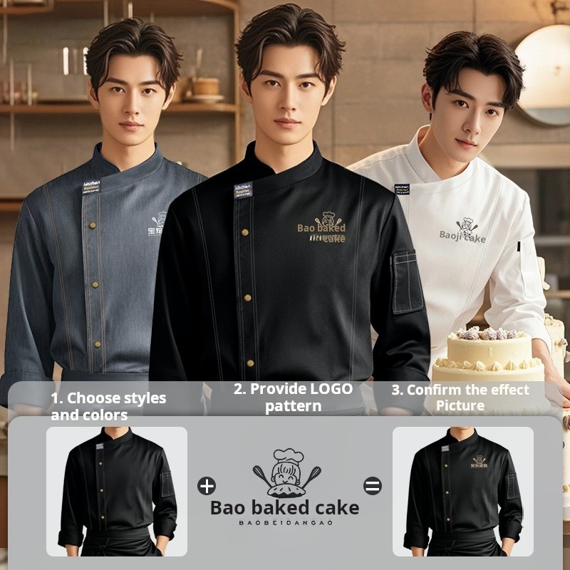 Ready Stock Chef uniform men's long-sleeved custom school uniform catering enterprise school canteen uniform suit men's black jacket uniform short-sleeved
