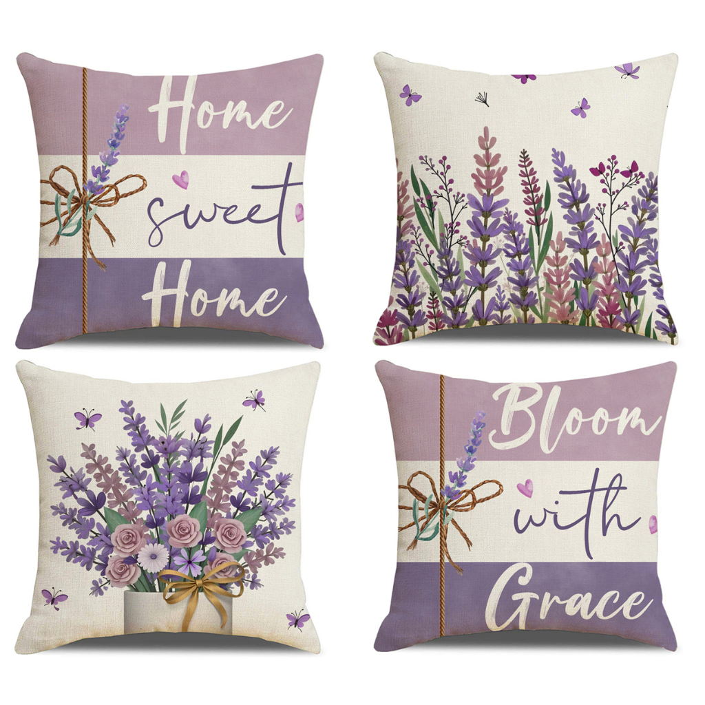 Purple Flower Geometric pillowcases Linen 70×70.60×60.50×50.45×45.40×40.Spring Decoration home sofa cushion covers.Beddings breathable bolster cases.