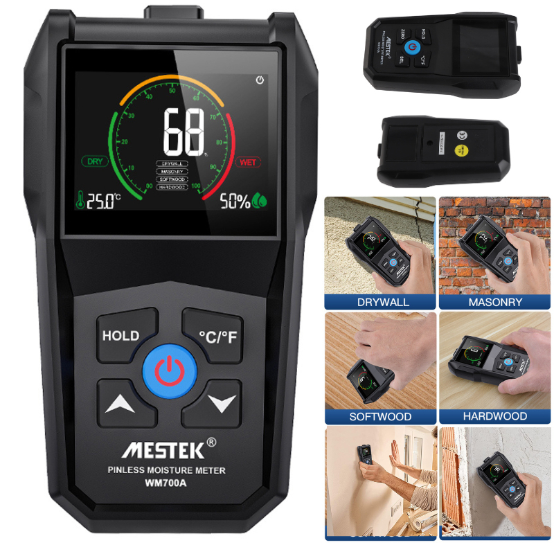 MESTEK  Full Angle Inverted Display Screen Non-destructive Inductive Wood Moisture Meter Environmental Temperature Wood Humidity Tester ℃ and ℉ Units Conversion Non Destructive Inductive Wood Humidity MeterConversion Household Soft Wood Hard Wood Drywall