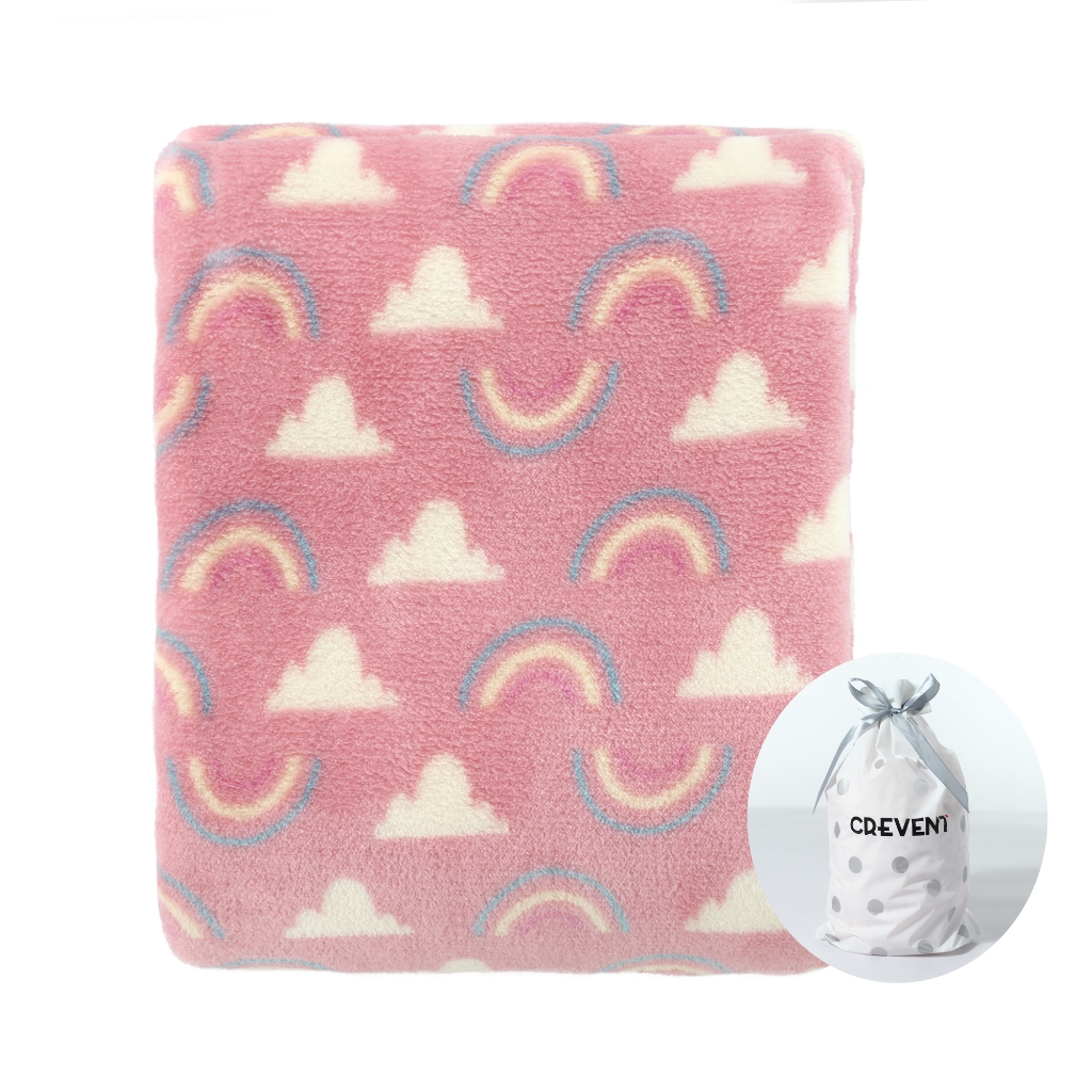CREVENT 75cmX100cm Cozy Fluffy Warm Fleece Baby Crib Blanket for Infant-Pink Rainbow,White Cloud