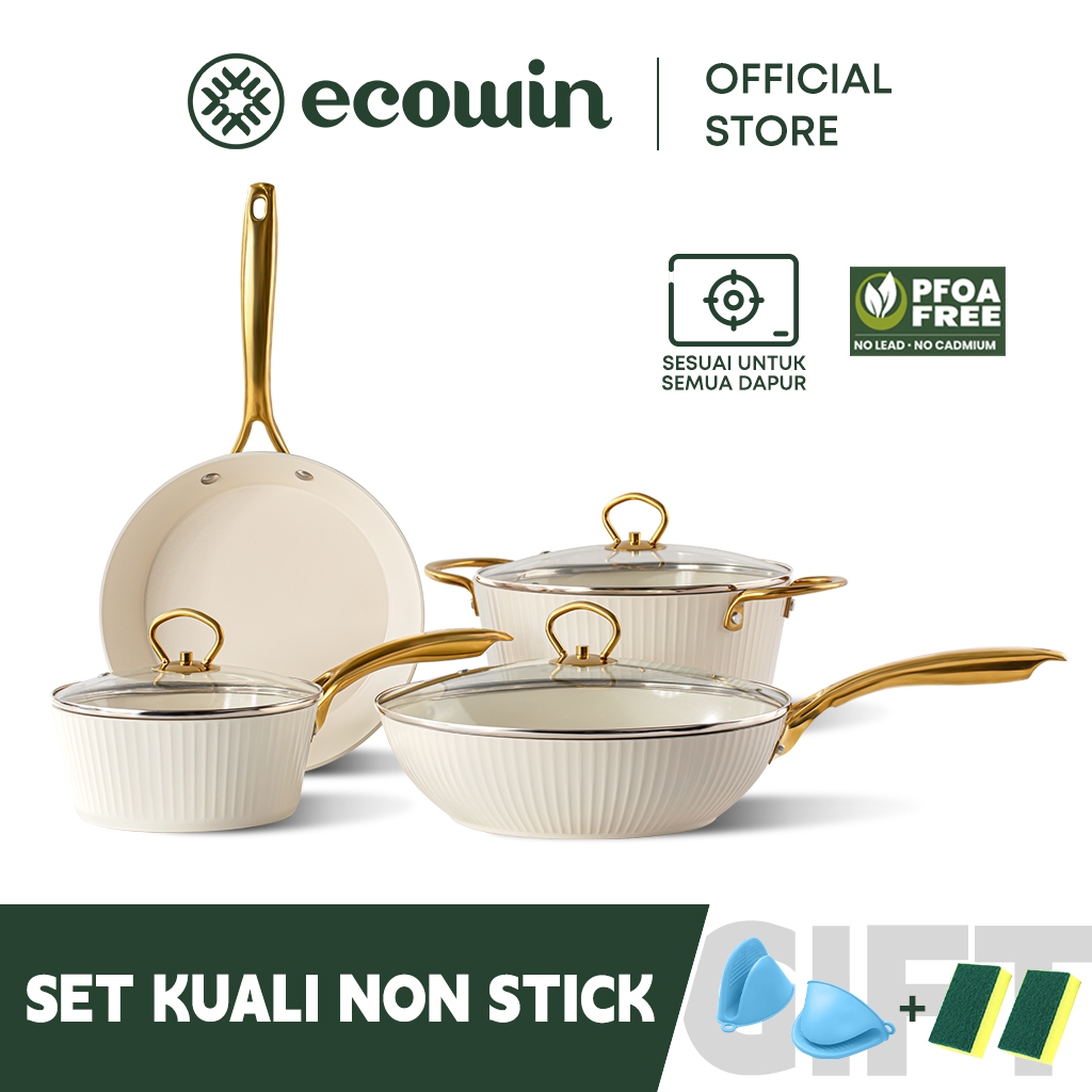 Ecowin Nonstick Ceramic Kuali Non Stick Pan Set Cookware Set Wok +  Saucepan + Frying pan + Soup pot PFOA & PTFE Free Suitable for All Stoves