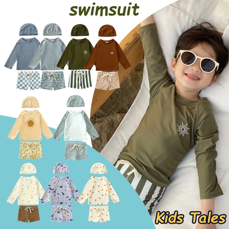 3Pcs Kids Swimming Suit Sets Summer Print Sunscreen Beach Seaside Clothes Toddler Long Sleeve+shorts+Hat Matching Sunbathing Swimwear 9m-7T