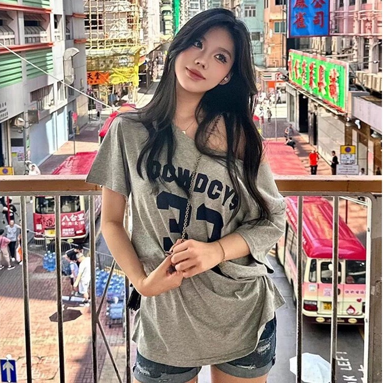 【WJZ】Women's Korean Fashion Loose Sexy Off-shoulder Letter Printed Short Sleeve T-shirt【T72】