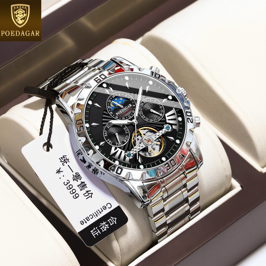 POEDAGAR luxury watch for men automatic japan waterproof import mechanical movement multifunctional stainless steel tourbillon design dual calendar luminous moon star watch