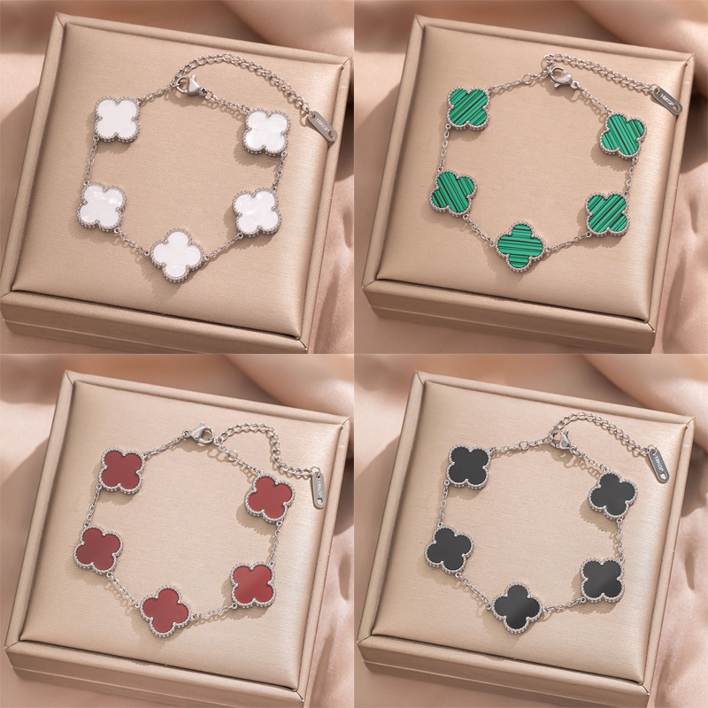 2025 New Lucky Silver Clover Bracelet Women's Titanium Steel Laser 18K Non fading Fashion Light Luxury Bracelet Give Friends Birthday Gift Gold Four Leaf Premium Necklace