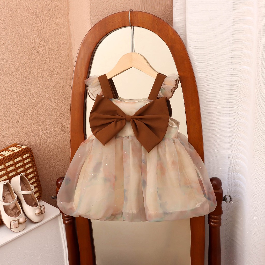 Summer New Brown Bow Baby Girl Princess Dress, Korean Style Colorful Tie Dye Children'S Sleeveless Clothes (9 Months -3 Years Old)