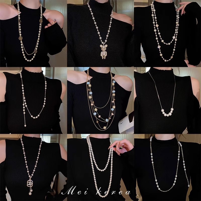 New vintage flower pearl necklace temperament long hoodie sweater chain advanced sense light luxury accessories