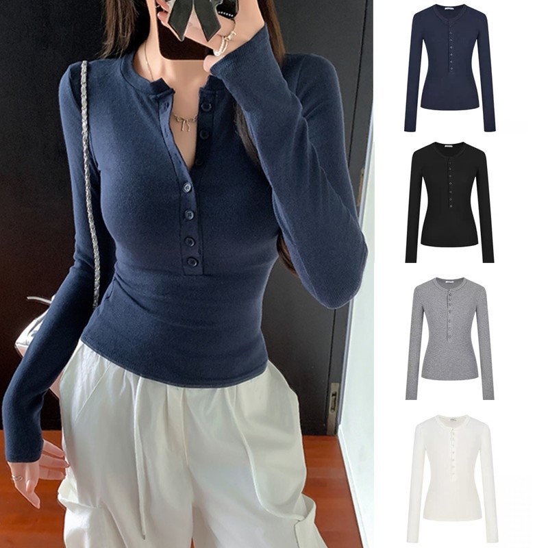 【WJZ】Women's Korean Fashion Solid Color Button Design Long Sleeve Knit Top【6965】