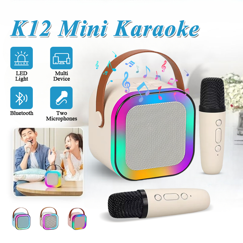 【1 year warranty】K12 Mini Karaoke Machine With 2 Wireless Microphone, Portable Wirrless Speaker Bluetooth Gift For Birthday