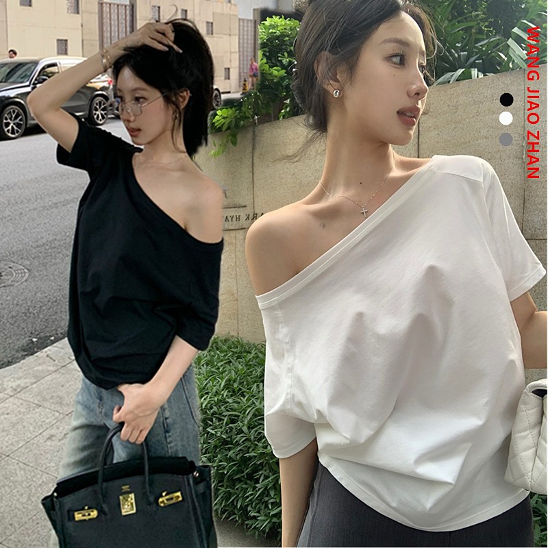 【WJZ】Women's Korean Fashion Off-shoulder Design Loose Short-sleeved T-shirt【B6】