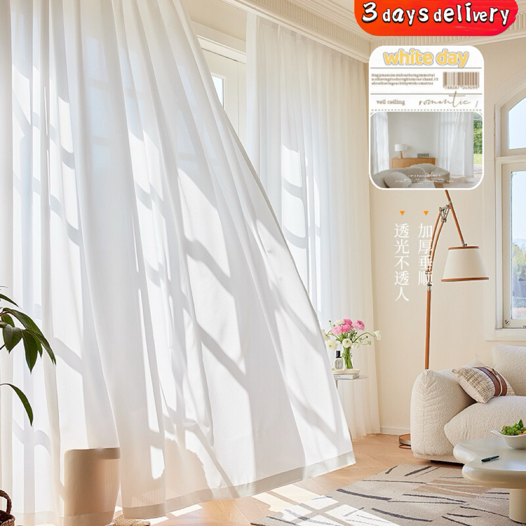 Next-Day Delivery Silky Touch Velvet White Sheer Curtain Langsir for Sliding Door Day Langsir Tingkap Murah Living Room Window Panel Screening Drapes Tulle Voile
