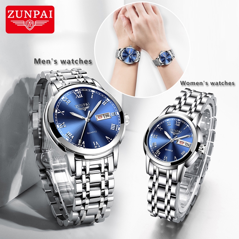 ZUNPAI Original JamTangan Couple Watch Set Waterproof Stainless Steel Luxury Fashion Busines Lelaki/Wanita Wristwatch