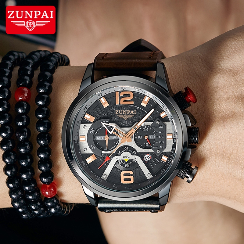 ZUNPAI Jam Tangan Lelaki Original Waterproof Sports Multifunction Chronograph Leather Strap Business Fashion Men Wristwatches Quartz Analog Calendar Luminous