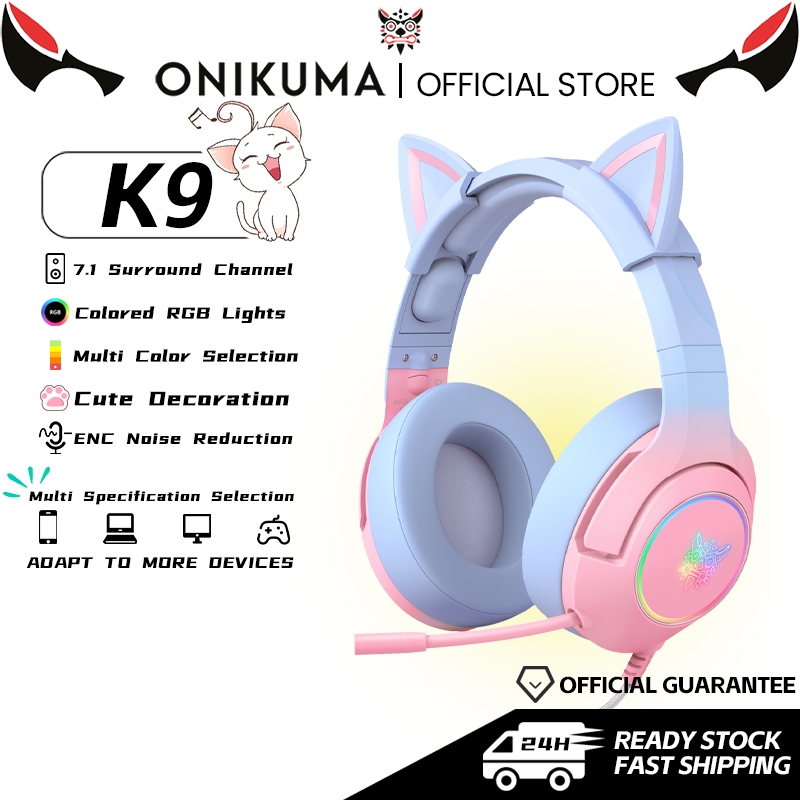ONIKUMA K9 Cute Headsets Wired RGB Lights Blue Pink 7.1 Surround Sound Gaming Headphones