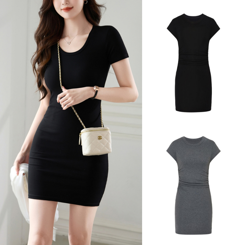 ✅【READY STOCK 】Beryl Solid Color Fit Body Dress For Women Short-Sleeved Above The Knee Korean Style Dress