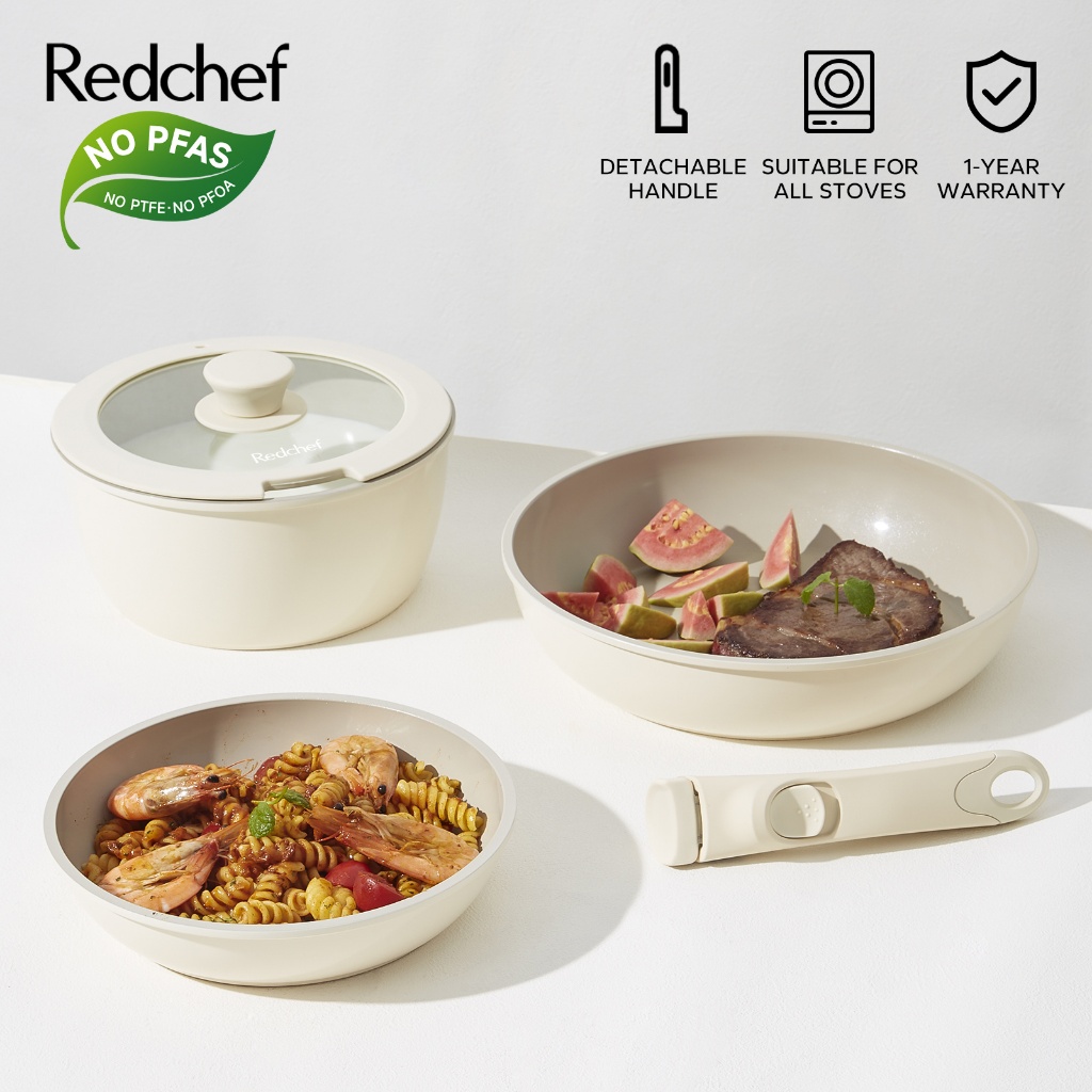 Redchef Nonstick Ceramic Rock Cookware Set Handle Removable (5Pcs) Non Toxic, PFAS& PTFE& PFOA Free - Frying Pan(26+20cm)+Saucepan(20cm) Suitable for All Stoves(Gas, Electric & Induction)