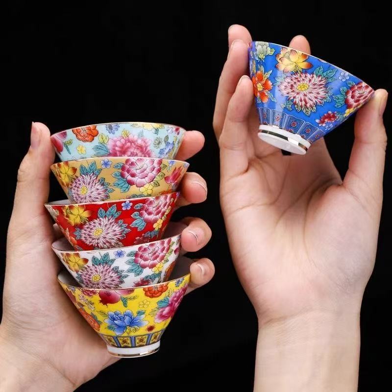Ceramic Cup Enamel Color Tasting Tea Cup Kung Fu Tea Set Handmade 60ml Master Cup Grilled Flower Hat Cup Small Tea Cup Tea Cup