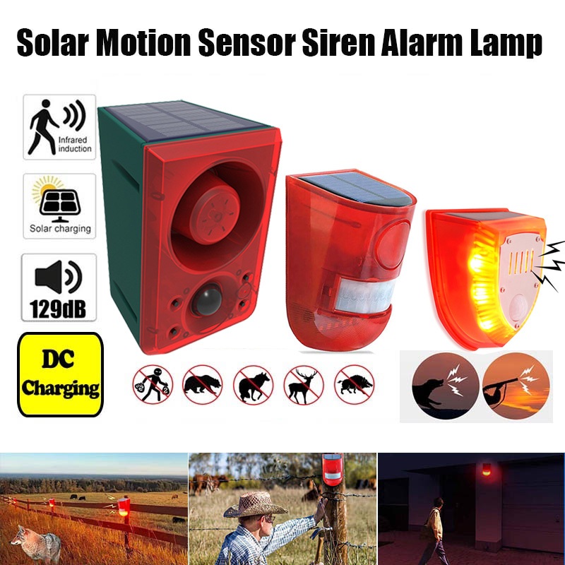【2 Days Delivery】Solar Sound Alert Flash Warning Sound & Light Alarm Motion Sensor Siren Strobe Security System Farm Outdoor Waterproof Guard Lamps