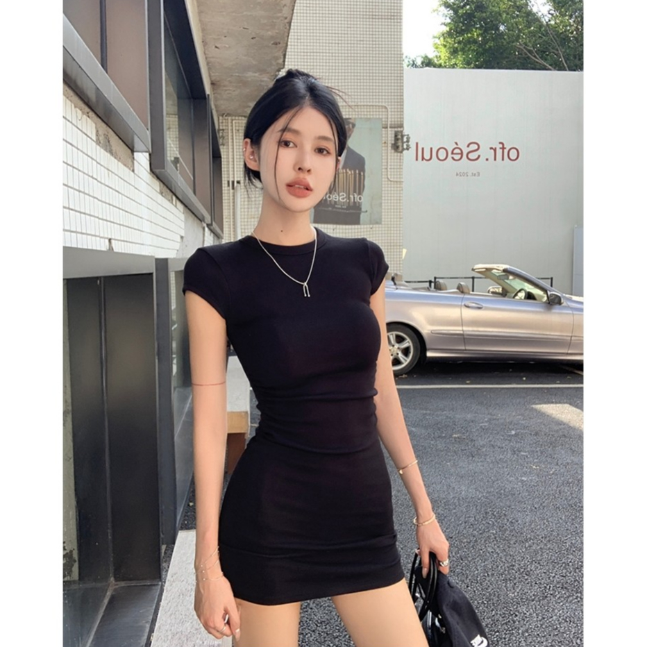 Cherryshop?Ready Stock? Short Sleeved Dress For Women Wrinkle Waist Design Slimming And Hip Hugging Skirt for Summer(Black/Dark Gray)