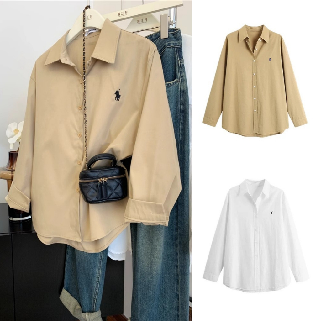 ✅【READY STOCK 】Beryl Solid Color Fold-Over Collar Shirt For Women Long-Sleeved Tops Loose Fit Korean Style