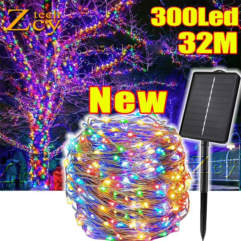Lampu Raya Solar Kelip Kelipg Fairy String LED Lights Festive Copper Wire Light Outdoor Waterproof 8 Lighting Modes for Festive Garden Patio Tree Wedding Party Christmas Halloween New Year Decoration 32M 22M 12M 7M