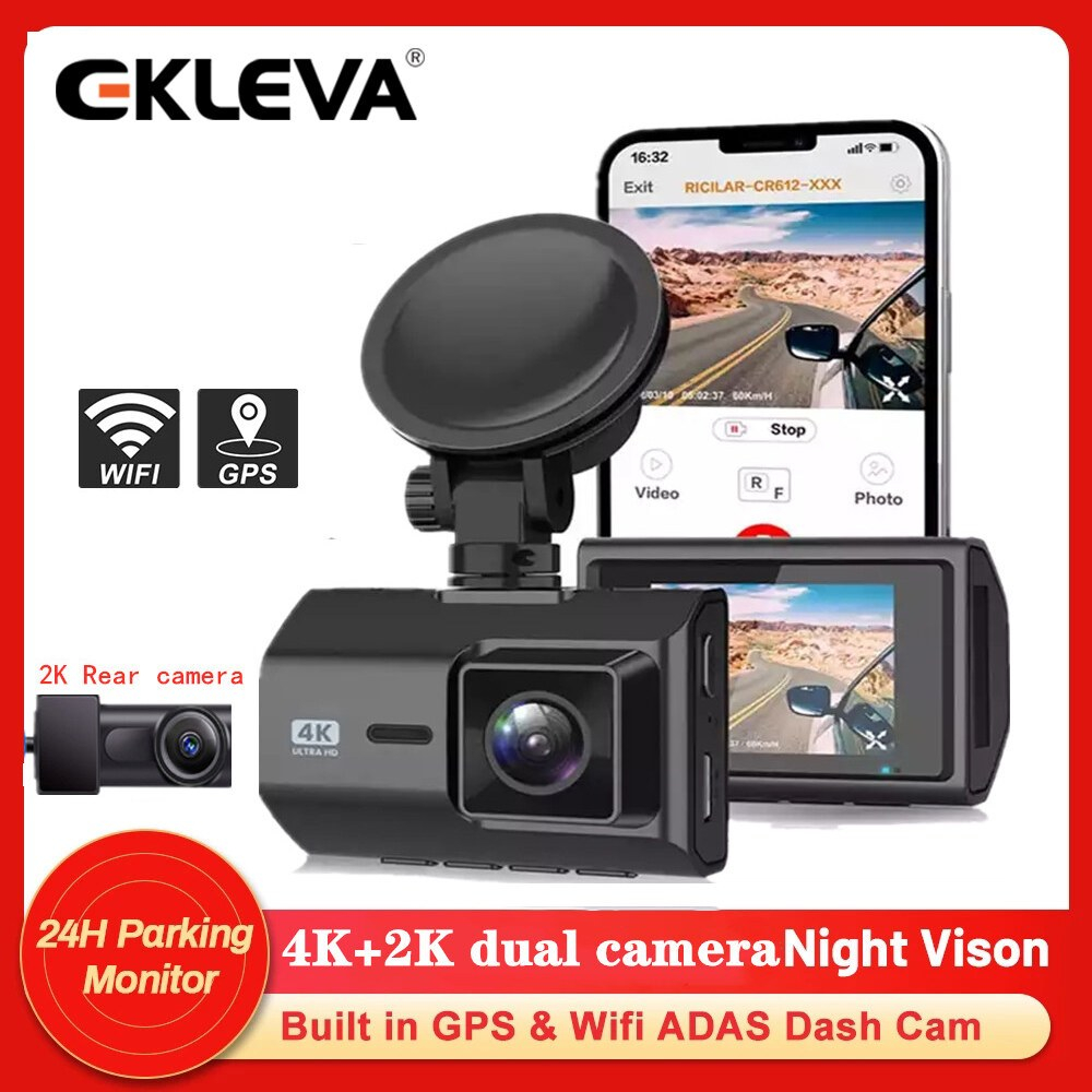 EKLEVA 3 Channel Dash Camera 4k+1080P/4K+1080P+2K Dashcam Mini Car Dvr 3 Channel 3 Way Dash Cam Wifi Gps Front And Rear Inside 3 Lens 4k Dash Cam