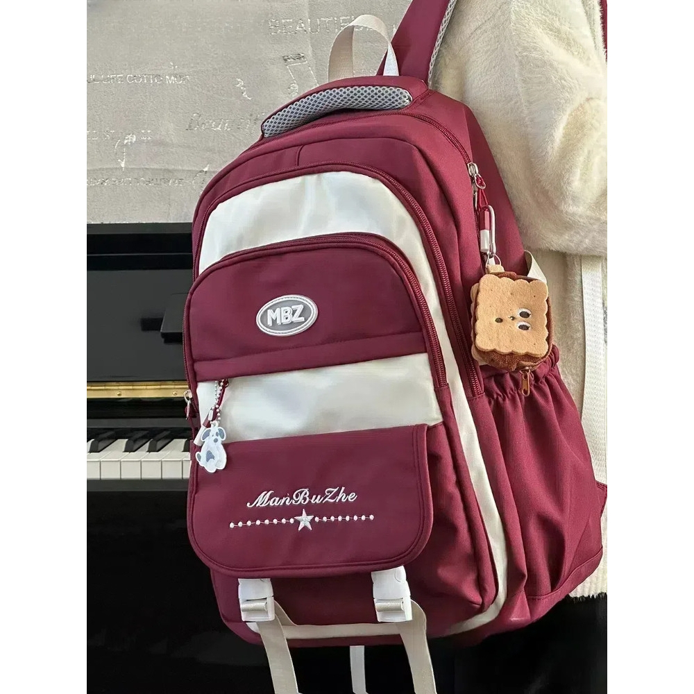 Classic Retro Red Schoolbag for Girls on Campus Large Capacity Junior High School Students High School Students Casual and Versatile