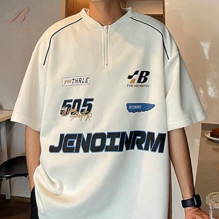 B BLUES Korean fashion Oversized Racing zipper round neck T-shirt for men summer all match letter Printed
