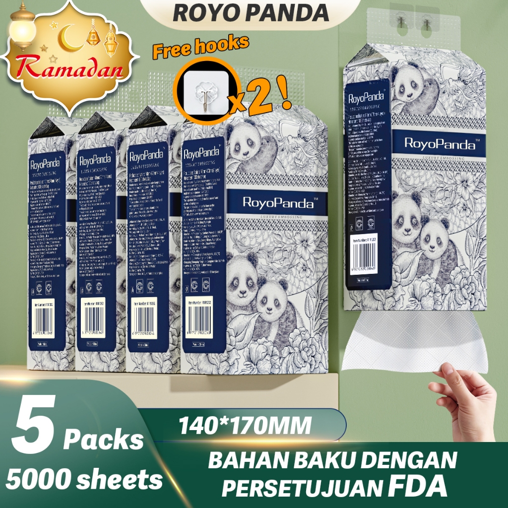 【5 Packs】Royo Panda Tissue Hanging Tissue Soft Deluxe Tissue Facial Tissue Cheerful Tissue Comfortable Tissues Hanging Tisu 5000 Sheets