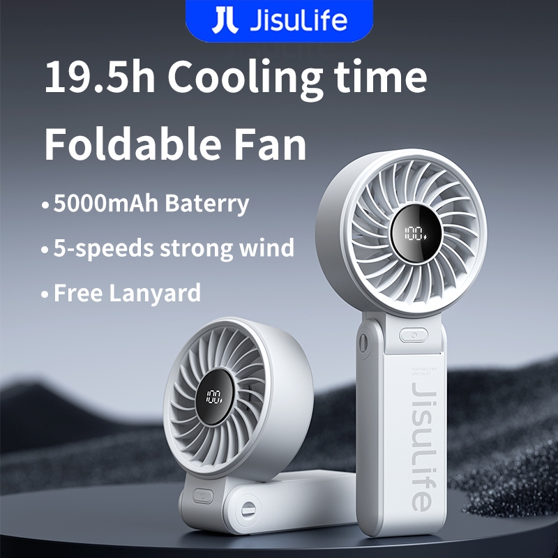 JisuLife Handheld Fan Life7 Mini Fan Portable Rechargeable Fans 5000mAh 19.5h Cooling Time Foldable Hand Fans with 5 Gears Strong Wind Kipas Berdiri